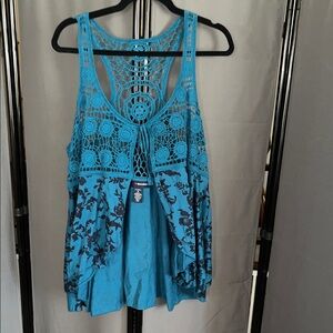 Denim&Co Teal and black Crochet Lace Vest